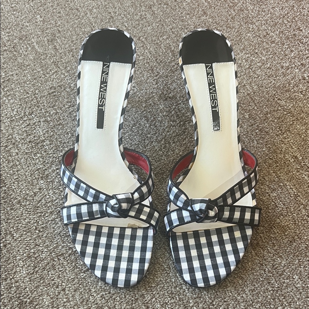 Nine West Black & White Gingham Knot Slide Heels size 10